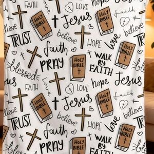 Faith-themed Throw Blanket with Crosses & Holy Bible Motif - White/Tan/Black